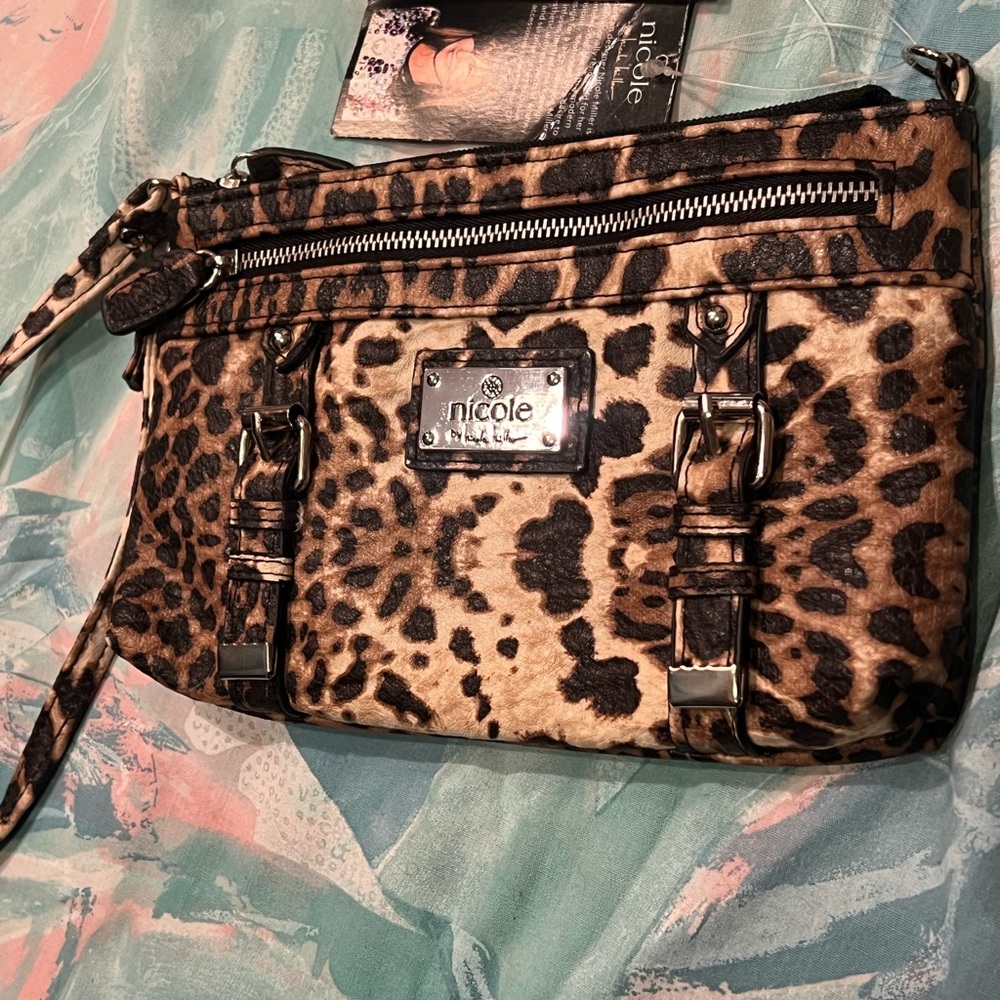 Nicole Miller Leopard Print Clutch with Silver Accents